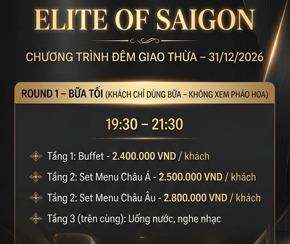 Giá du thuyền Elite Of Saigon tối 31/12/2026